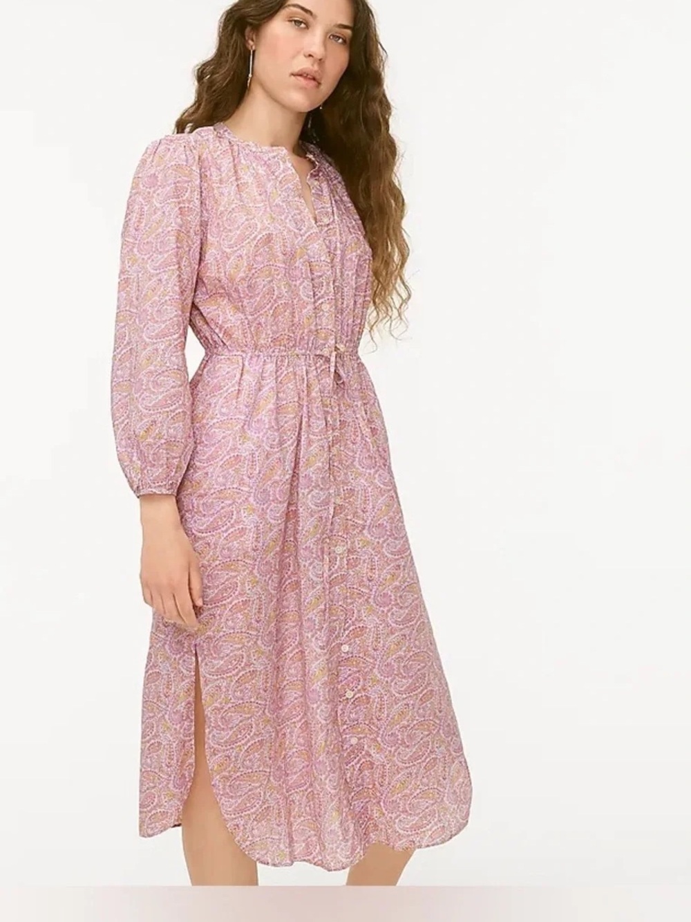 J. crew voile pink paisley tie-waist cotton button down long sleeve midi dress